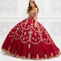 princess red quinceanera dresses with golden lace appliques sweet 16 year ball gown puffy corset debut dress off the shoulder