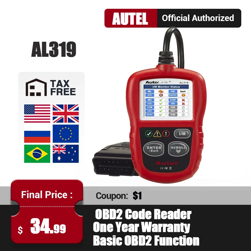 Autel AL319 автомобильный диагностический инструмент OBD2 считыватель кодов сканер