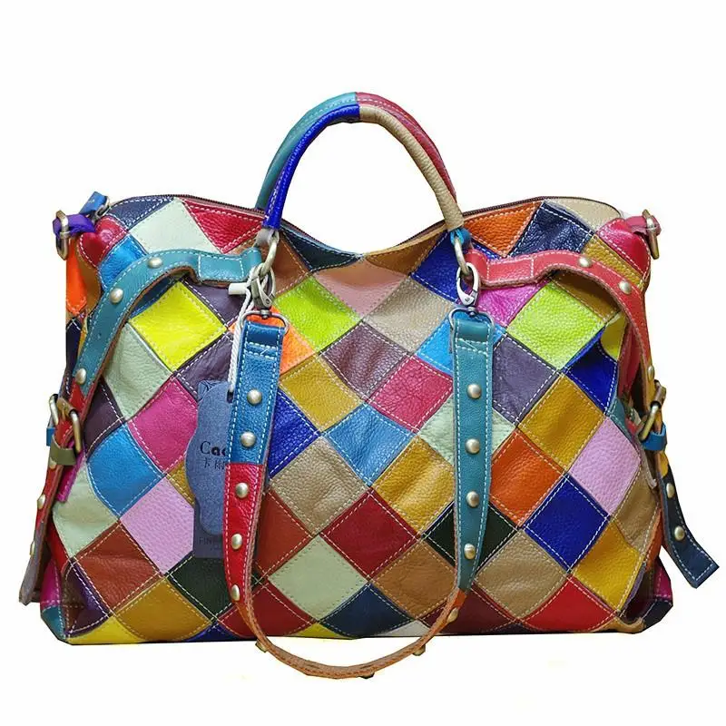 

Genuine Leather Colourful Panelled Fashion Women Handbag 2021 New Cowhide Casual Tote Large Capacity Shoulder Bags