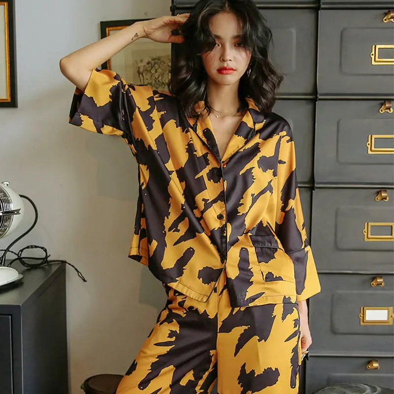 QWEEK Satin Women's Pajamas Silk Sleepwear Autumn Pijama Animal Print Female Set Woman 2 Pieces Leopard Pyjamas Goth Loungewear