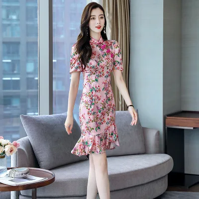 

Chiffon Floral Short Sleeve Stand Collar Dress Women New Summer Temperament Goddess Dress Retro Cheongsam Improved Dress