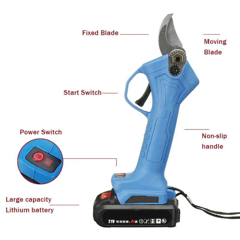 

900W Rechargeable Electric Pruning Scissors Pruning Shears 21V Garden Pruner Secateur Branch Cutter Cutting Tool with 2 Battery