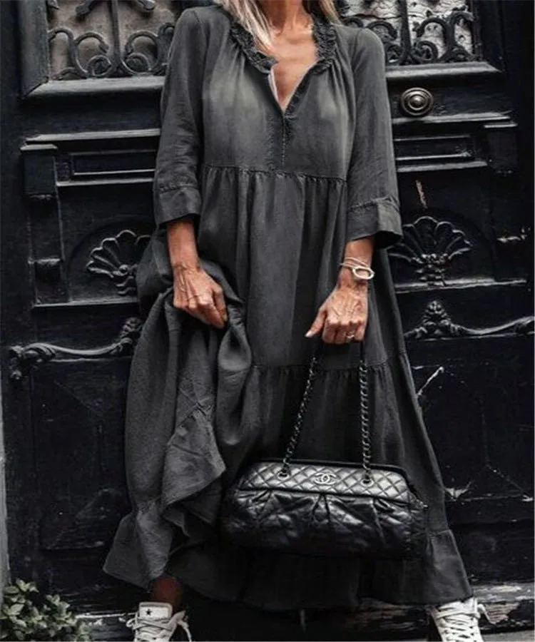 

Women Fashion Long Dress V Neck Solid Denim Long Dress Water Wash Streetwear Style Patchwork Long Dress Vestidos Summer Cool