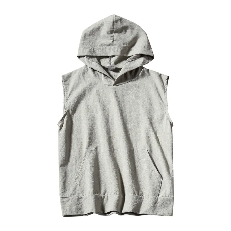 

Chinese Style Summer Linen Sleeveless Sports T-shirt Hooded Vest Jacket Men's Loose Cotton Linen Bottoming Shirt Thin Top