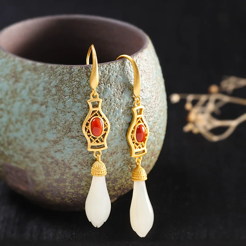 

Fashion Ear Stud Women S925 Silver Magnolia Blossoms Ear Pendant Inlaid Hetian Jade