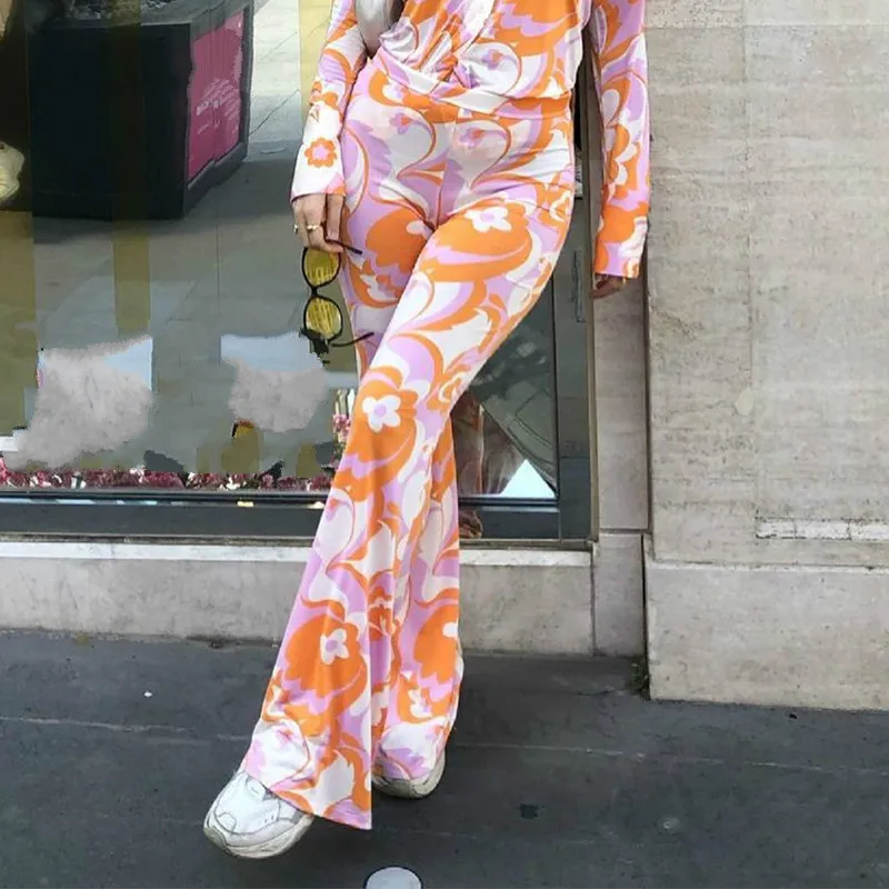 

2021 Y2K Print Wide Leg Pants Women Fashion Summer Spring High Waist Vintage Casual Orange Oversized Long Trousers Loose