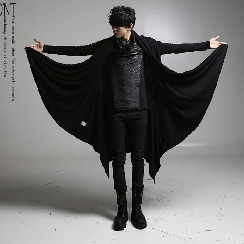 Idopy Korean Fashion Men`s Punk Style Black Hoodie Hip Hop Long Cardigan Gothic Sweatshirts Cape Cloak Irregular Hem