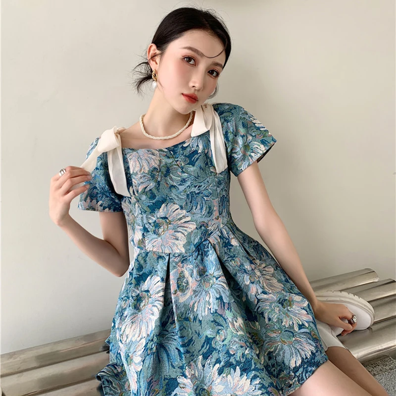 

GALCAUR Print Vintage Dress For Women Square Collar Short Sleeve High Waist Patchwork Bowknot Mini Dresses Females 2021 Clothing