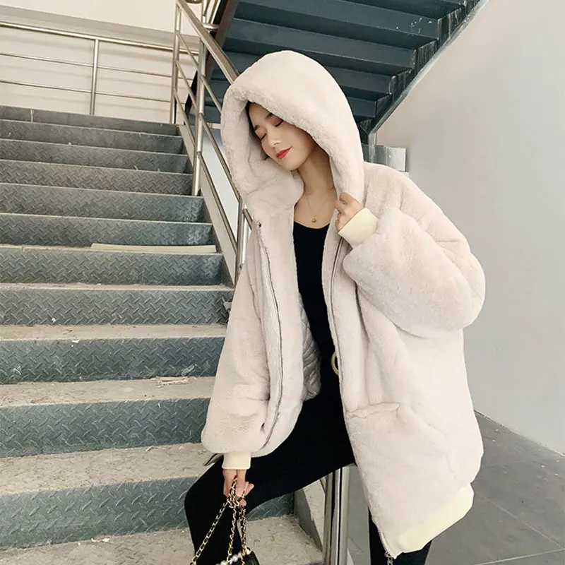 

Winter Faux fur Jackets Rabbit Long Coat With Hood Casual Women Jacket Overcoat Thick Warm Plus Size Fashion Veste Femme 2020