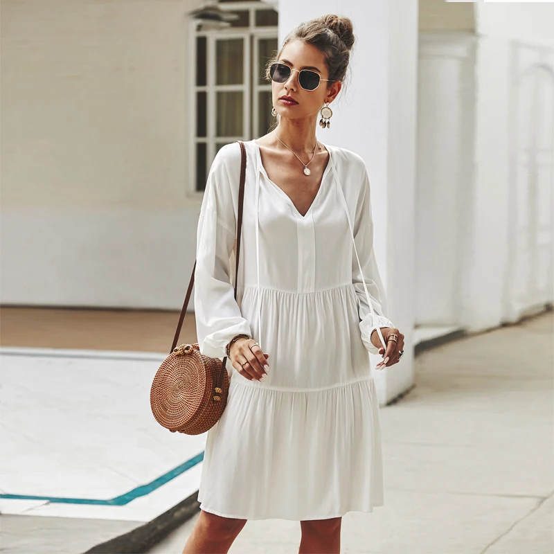 

Women's Lace Up V Neck Short Dress Spring Autumn Solid Long Sleeve Ladies Dresses Loose Casual Dress for Female 2021 New