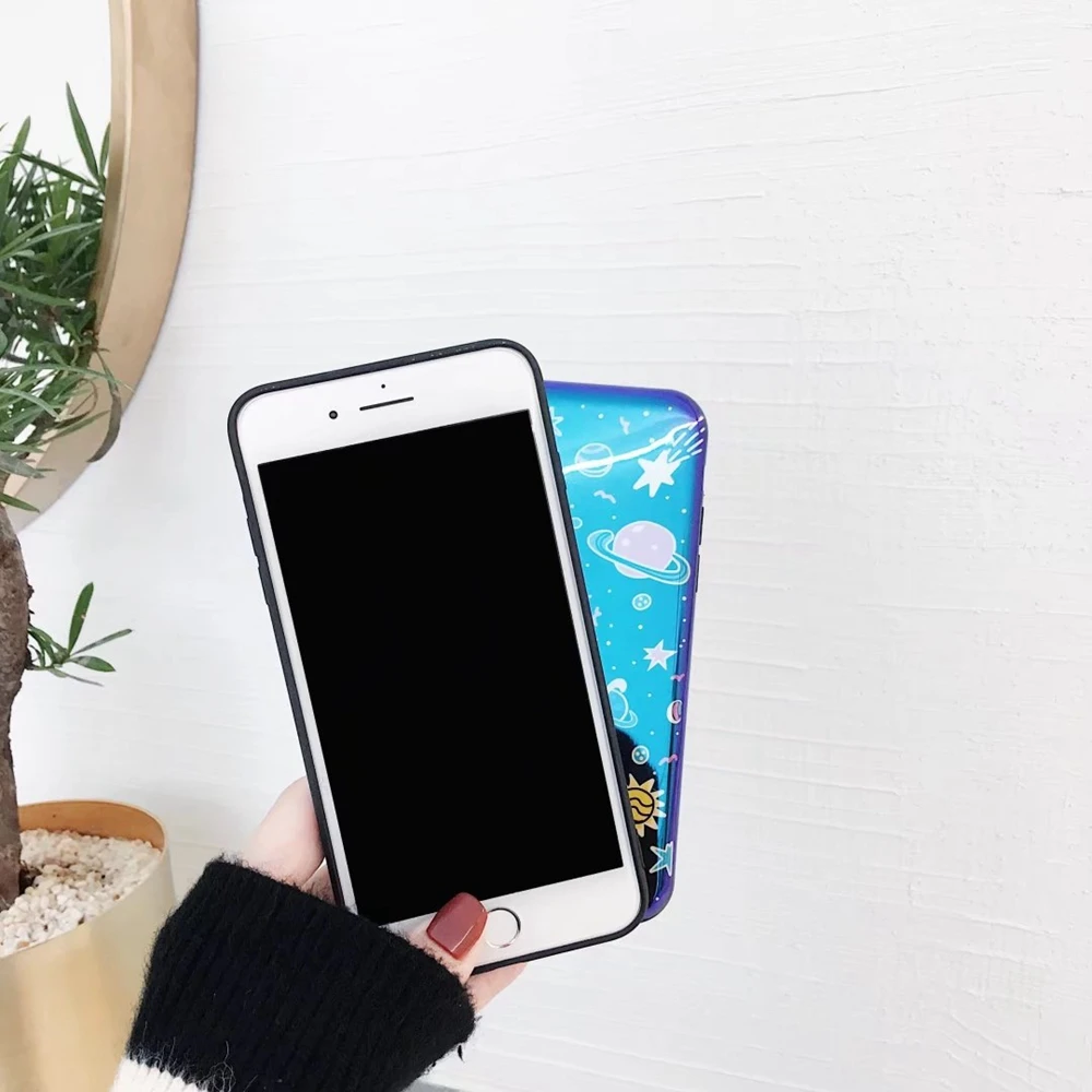 Blue Universe Planet Phone Case For iphone X XR XS Max Mirror TPU soft Cover for 6s 7 8 Plus cartoon Pattern |