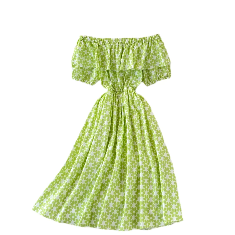 

Vintage Dress Summer temperament sweet ruffled one-shoulder floral dress short-sleeved waist slim strapless midi beach dress