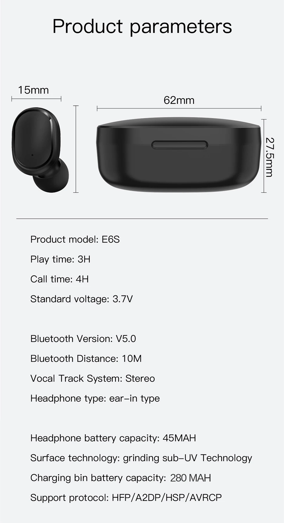 E6S беспроводные наушники Bluetooth 5,0 стерео наушники IPX6 Водонепроницаемый 280 мАч зарядная коробка для Xiaomi Android IOS