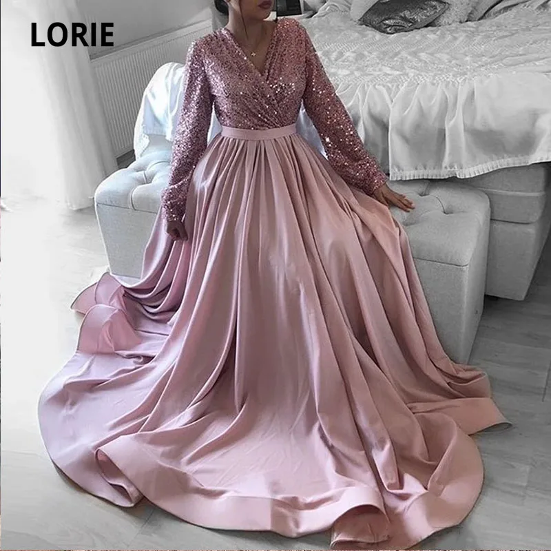 

LORIE Pink Arabic Evening Dresses V-Neck Sequin Custom Made Simple Dubai Long A-Line Long Sleeves Sexy Prom Party Gown