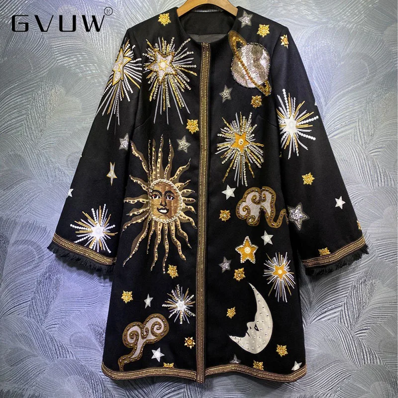 

GVUW Fengyingying women's 2020 autumn new round neck snap printing nail bead heavy industry coat KB61211