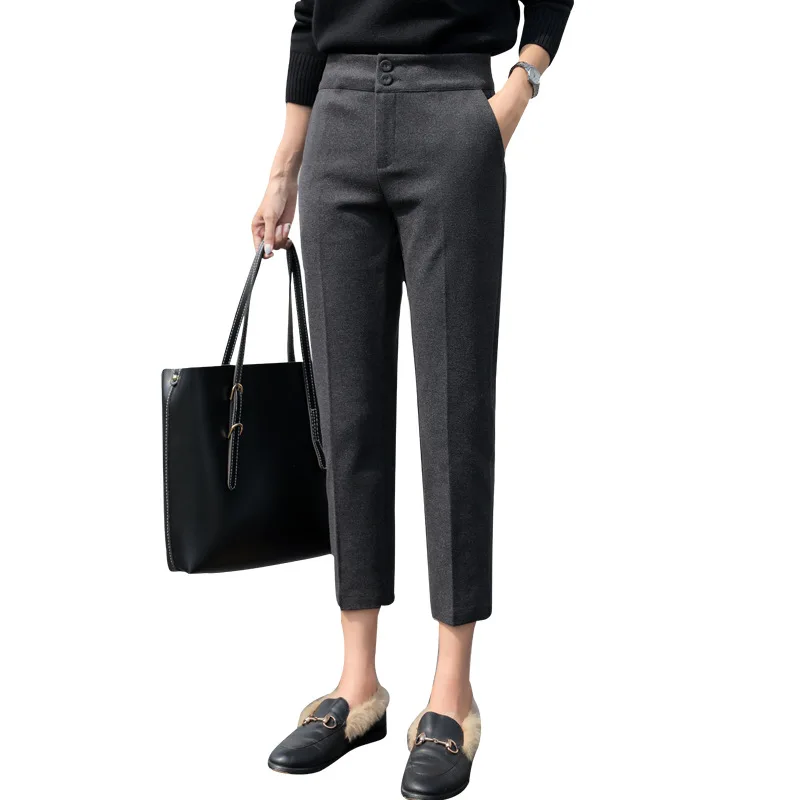 

Woolen Pants Women Winter Pants New Occupation Pants Slimming High Waist Cropped Two-Button Suit Pants