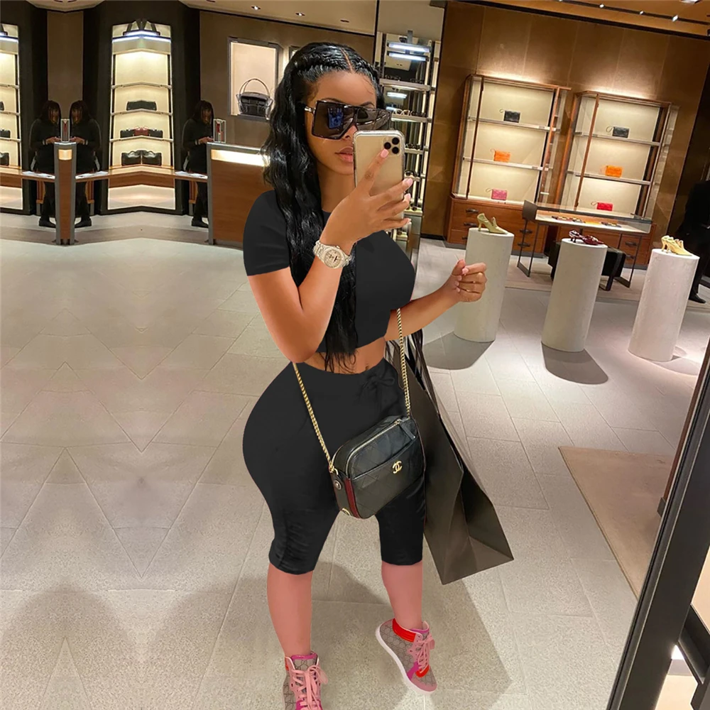 

Женский комплект из 2 предметов, укороченный топ и многослойные велосипедные шорты, летняя одежда, уличные комплекты, женские Клубные наряд...