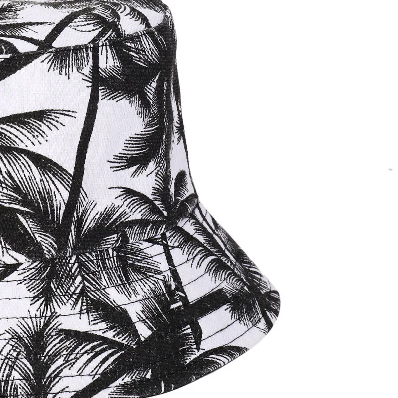 Summer Printed Double-Sided Coconut Palms Fisherman Hat For Men Female Black Outdoor Leisure Panama Bucket Sunhat | Аксессуары для