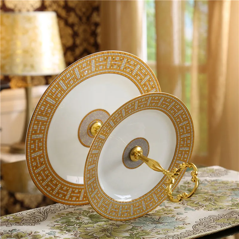 Gold Ceramic Dish Round Tableware Dinner Dishes Sets Food Cake Double Fruit Plates | Дом и сад