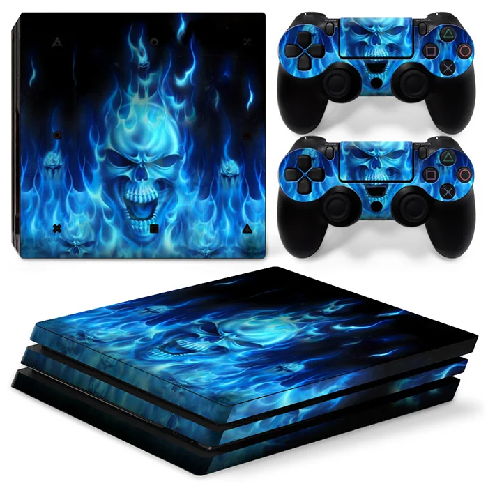 Виниловые наклейки с голубым огненным черепом для Sony PlayStation PS 4 Pro консоль и 2