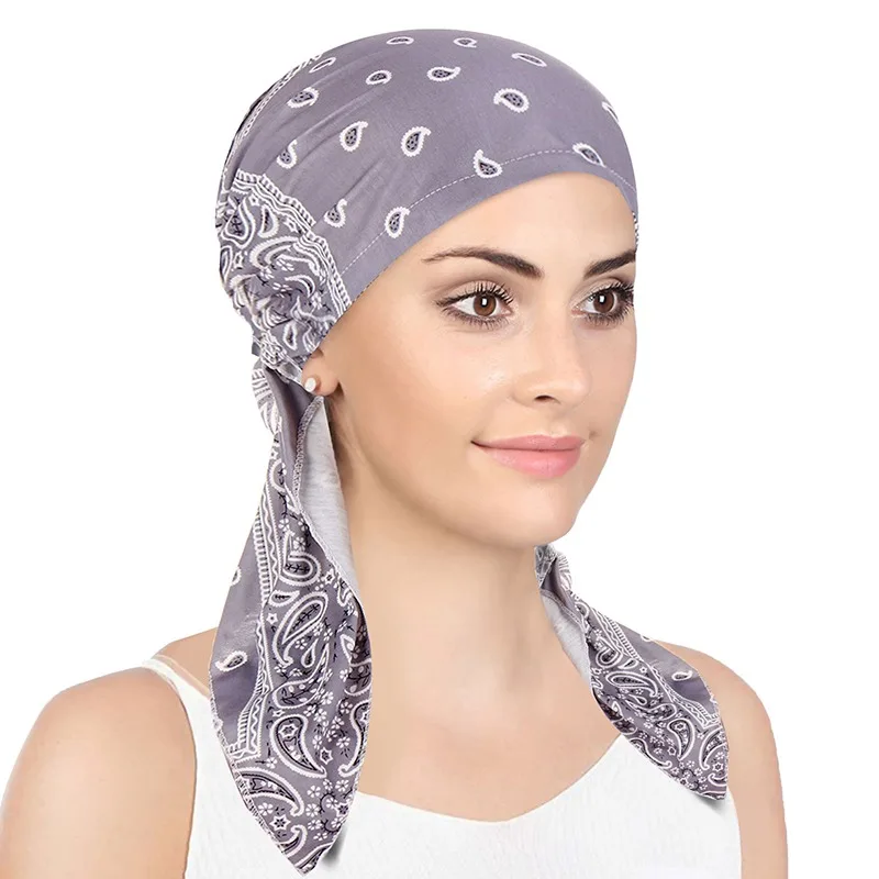 

New Muslim Women Soft Turban Hat Pre-Tied Head Scarf Printed Ladiess Cotton Chemo Cap Inner Hijabs Hair Accessories
