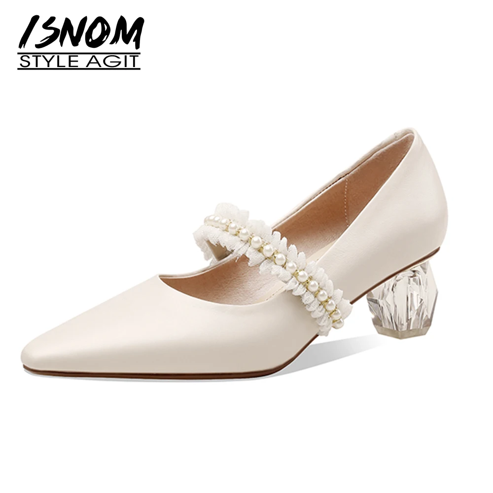 

ISNOM женская обувь из натуральной кожи женские туфли-лодочки в стиле «Мэри Джейн» туфли-лодочки с острым носком с украшением в виде кристалло...
