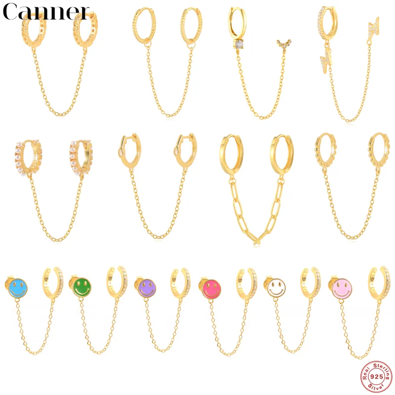 

CANNER 1pc Real 925 Sterling Silver Double Circle Crystal Pearl Medium Chain Hoops Huggies Hoop Earrings For Women Fine Jewelry