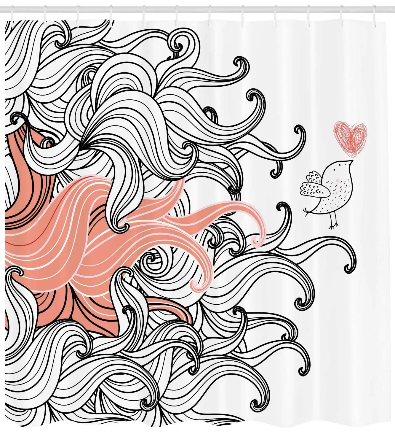 Modern Shower Curtain Graphic Swirls Wave Like Minimalist Pattern with Bird and Hearts Abstract Cloth Bathroom Decor Set | Дом и сад