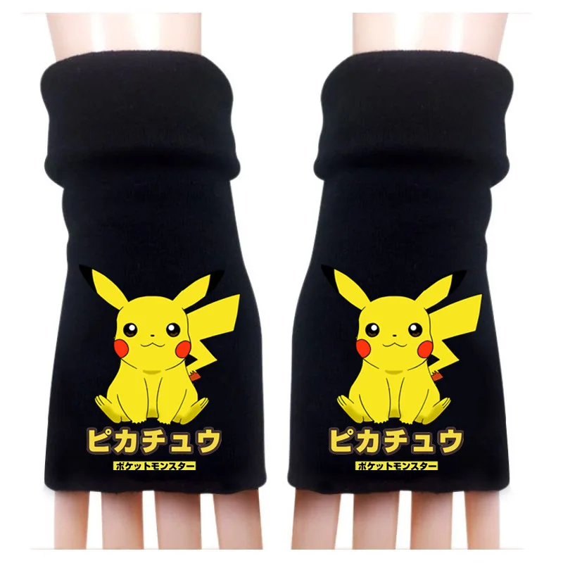 Черные перчатки без пальцев с покемоном Пикачу трикотажные хлопковые на