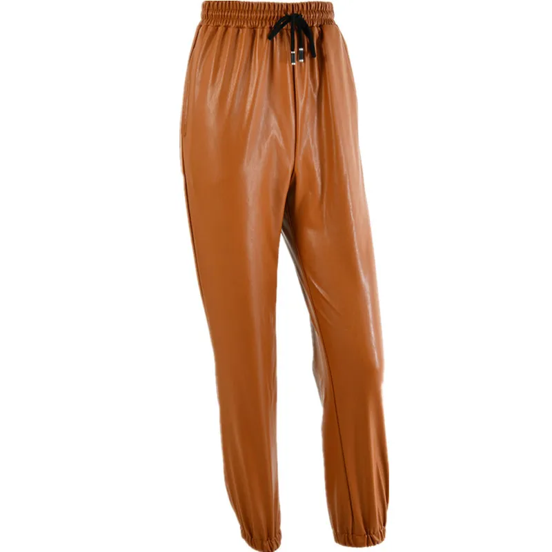 

2020 Stretch PU Leather Pants Women Fashion High Waist Harem Pants Autumn Winter Female Casual Faux Leather Pants Capris