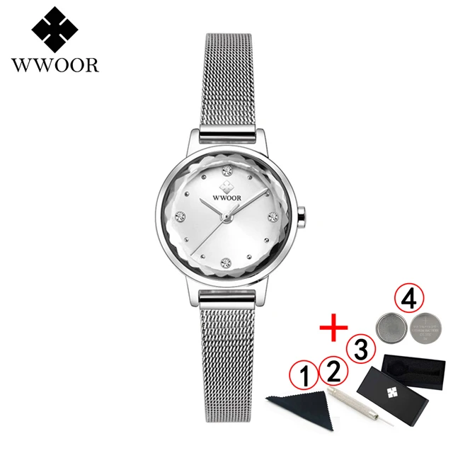 full silver box Часы-браслет для женщин люксовый бренд WWOOR топ водонепроницаемый стальной ремешок хрустальные женские наручные часы Relogio Feminino - Цвет: full silver box