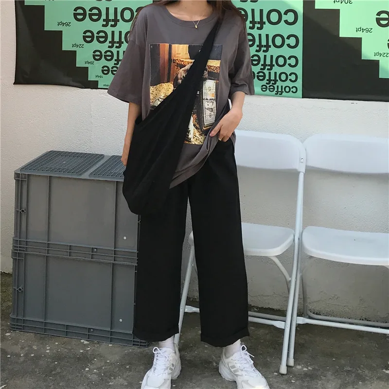 

Limiguyue Spring Black Khaki Autumn Women Pants Cargo High Waist Straight Pockets Cotton Wide Leg Ankle-Length Trousers K604