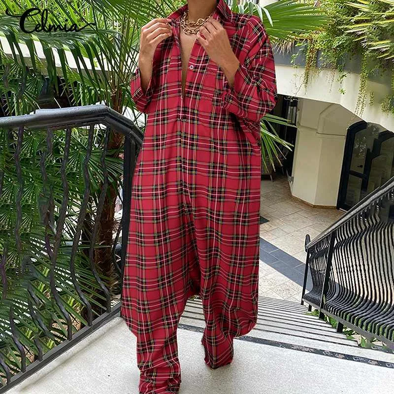 

Женский клетчатый комбинезон, элегантный длинный комбинезон с рукавом 2021, повседневный комбинезон-шаровары, комбинезон на пуговицах, комби...