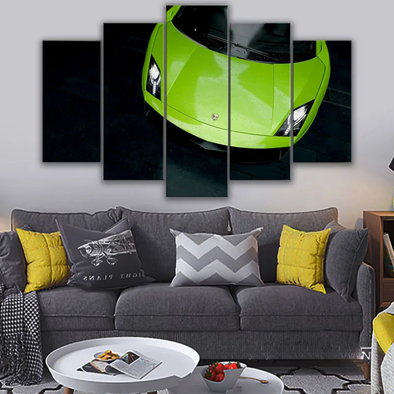

Super Sports car Green 5 Piece Canvas Wall Art Car Print Home Decor HD Pictures 5 panel poster no Framed Paintings