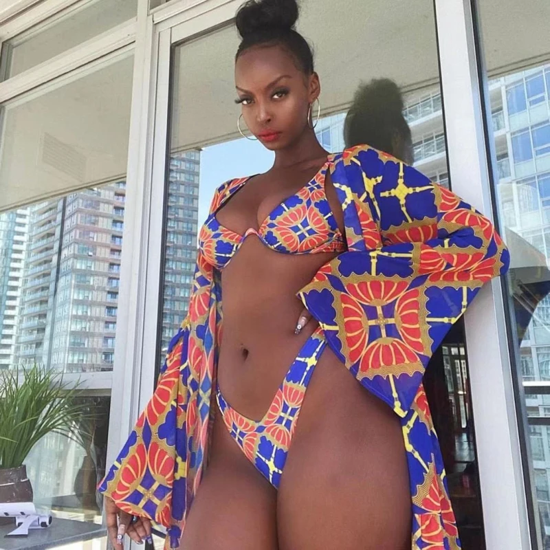 Women Sexy Summer Style Print Split Body Bathing Suit 3 Pcs Sets Swimsuit