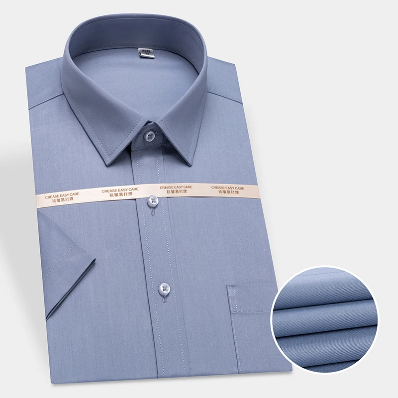 Short Sleeve Mens Spandex Solid Dress Shirts Bamboo Fiber Slim Fit Soft Plain Formal Shirts For Men Anti-wrinkle Non-iron Tops