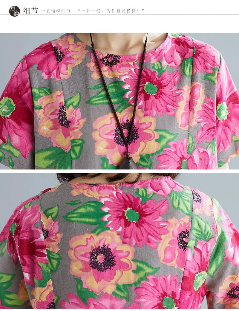 

COIGARSAM National Wind Women dress Vintage Short Full Sleeve Cotton Linen Loose Floral Print Dresses Blue Flower 9631