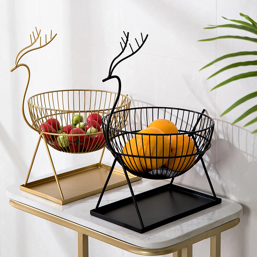 

Fruit Basket Wrought Iron Double Layer Nordic Creative Elk Fruit Drain Basket Vegetable Storage Rack Organizer