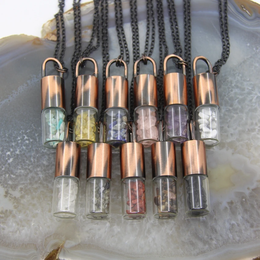 Natural Quartz Crystal Chip Beads Perfume Roller Bottle Pendant,Vintage Essential Oil Diffuser Vial Necklace DIY Jewelry Gifts