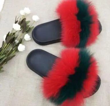 Red Green Red Женские модные шлепанцы из натурального меха енота; женские шлепанцы; Летние вьетнамки; унисекс; повседневные Модные босоножки с лисьим мехом; модная плюшевая обувь - Цвет: Red Green Red