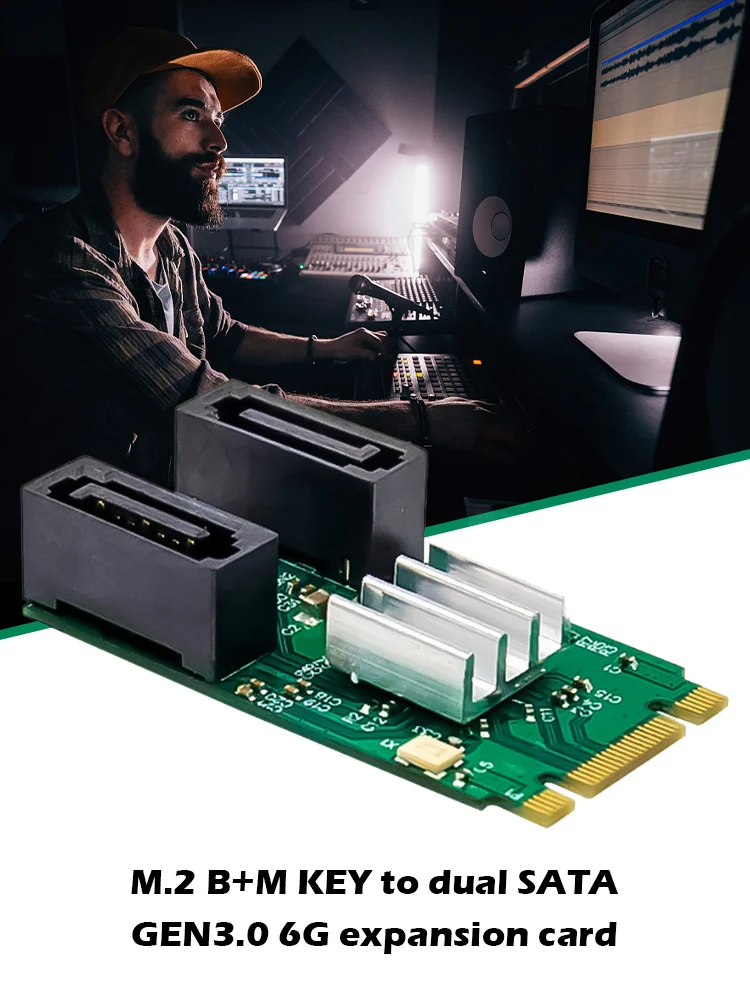

ST551 M.2 B+M KEY to Two Ports SATA GEN3.0 6G Expansion Card PCIe ASM1061 Chip Built In Disk Riser Card for Desktop