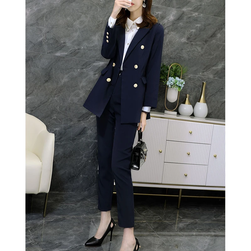 

2021 New Elegant Office Work Wear Pant Suits OL 2 Piece Sets Double Breasted Blazer Jacket & Trousers Suit For Women Set S-5XL