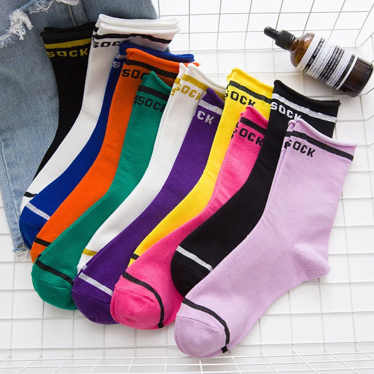 Полосатые женские хлопковые цветные яркие носки осенние миди сплошной цвет