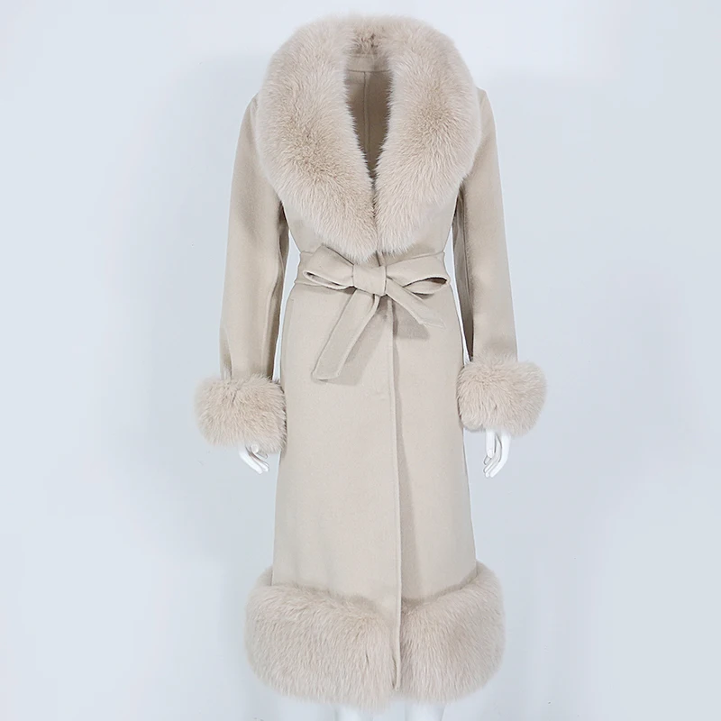 

OFTBUY 2022 Real Fur Coat Winter Jacket Women Natural Fox Fur Collar Cuffs Cashmere Wool Blends X-Long Outerwear Belt Streetwear