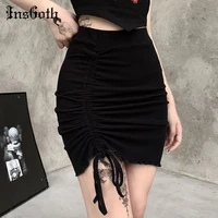 insgoth gothic black mini skirt harajuku sexy slit high waist skirt streetwear punk skinny ruched bandage skirt summer outfits