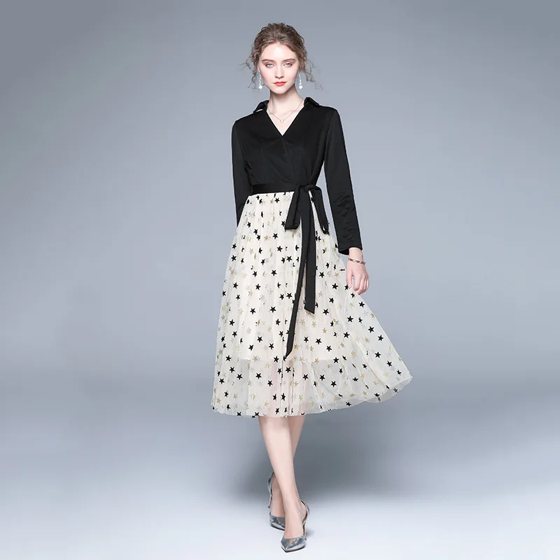 

2022 Spring Women's Dress V-Neck Long Sleeve Mesh Stitching Slim Medium Length Dress Elegant Party Work Women in Their Twenties