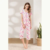 summer pajamas set women comfortable cotton fresh fruit pajamas short sleeve tops with calf length trousers ladies pajamas set