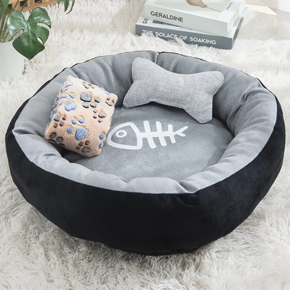 Кровать для кошки с рыбными косточками круглый короткий плюшевый коврик