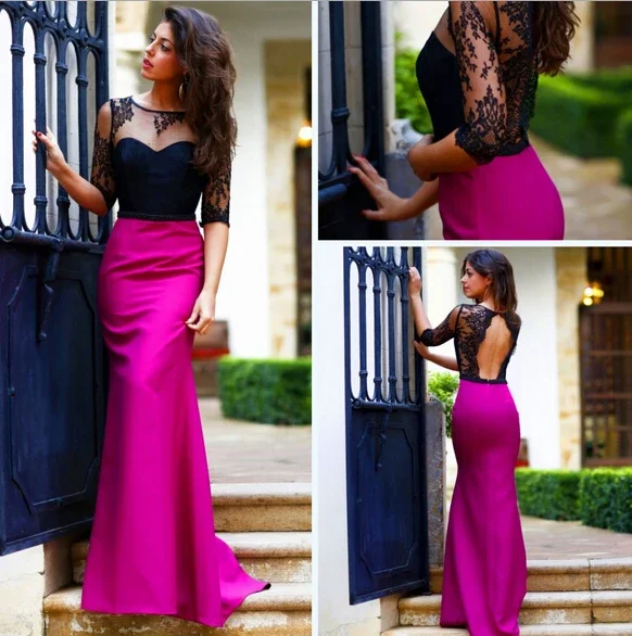 

Fuchsia Satin Prom Dress Mermaid Laces Top Boat Neck Half Sleeves Simple Sweep Train Backless Evening Dress
