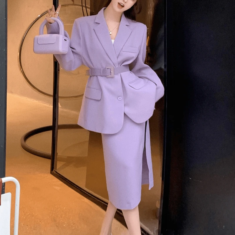 

Женский Осенний однобортный пиджак и юбка с высокой талией и разрезом, комплект из двух предметов, модный офисный женский элегантный костюм...